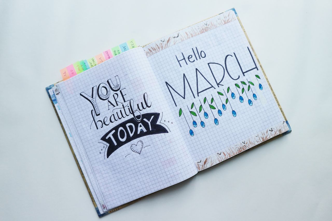 Open journal featuring 'Hello March' and an inspirational quote.